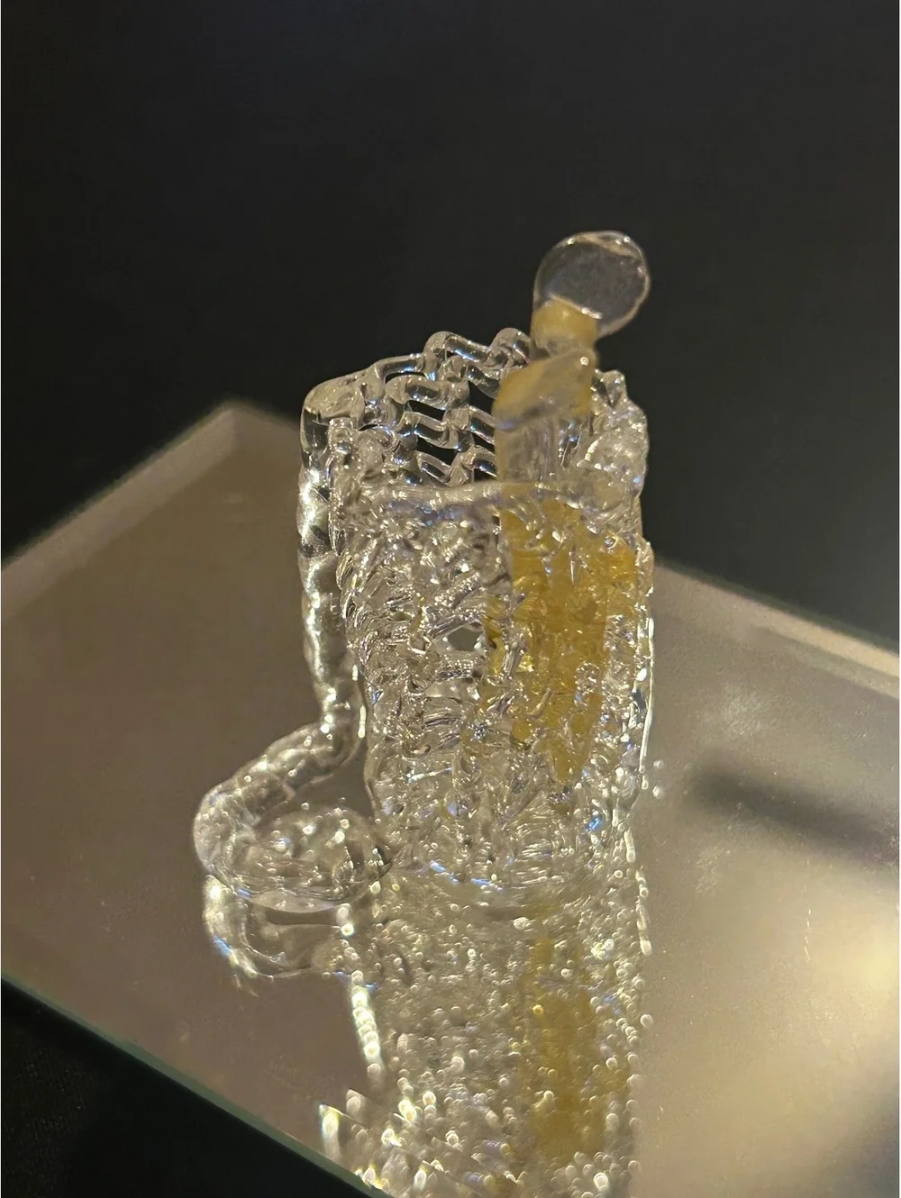 Miniature Clear Glass Golf Bag with Clubs Figurine with Yellow Accent